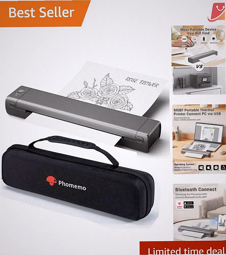 Inkless Portable Thermal Printer Wireless Bluetooth Travel Printer for Phone...