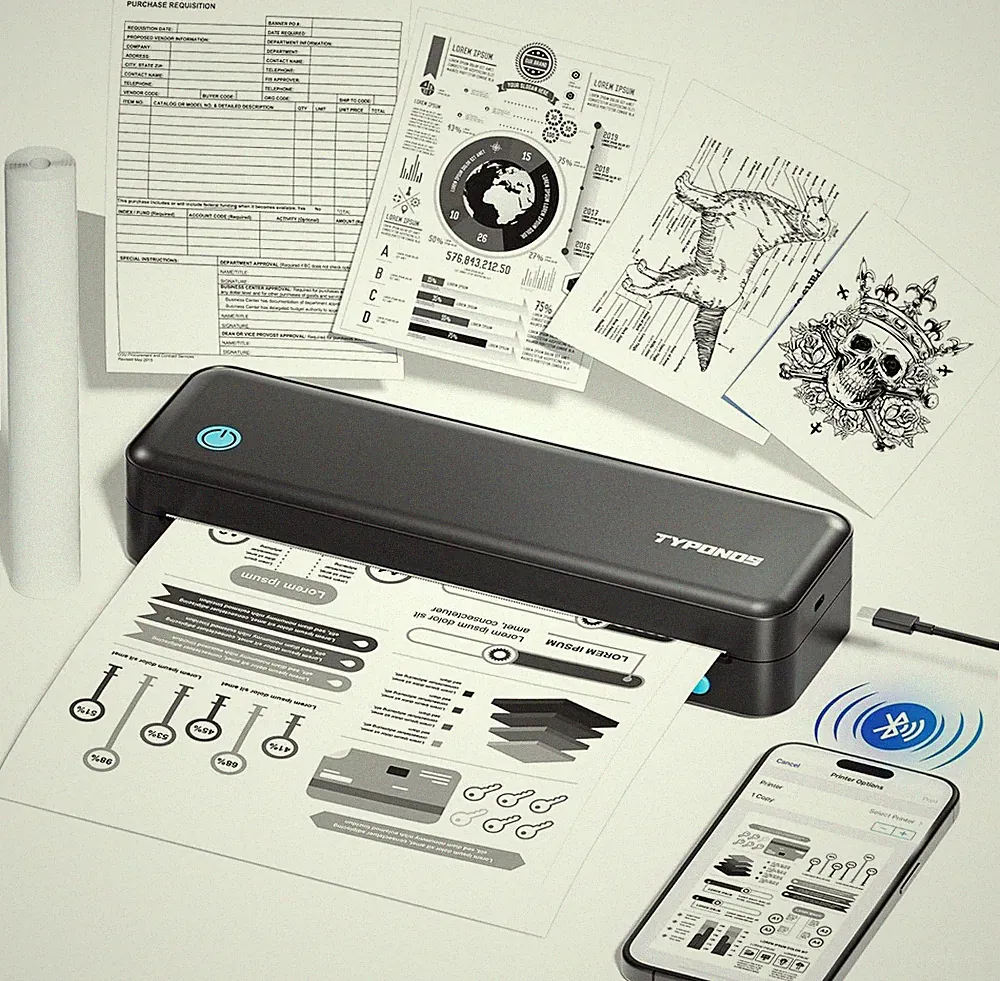 Portable Wireless Printer Thermal Inkless Printer Suitable for Smartphone & PC